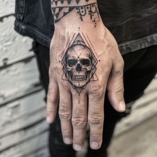 Skull hand tattoo in the style of Ami James featuring minimalist geometric shapes