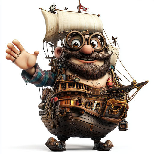Humorous caricature of a pirate ship with human characteristics