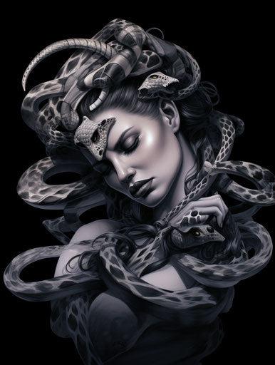 Woman's head entwined with snakes