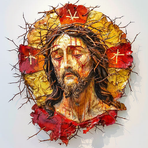 Sacred Heart surrounded by thorns, red and gold on white