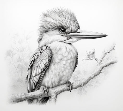 Kingfisher on branch, fine detailed graphite realism