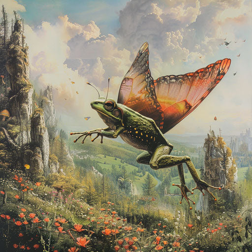 Winged frog in a fantastical landscape