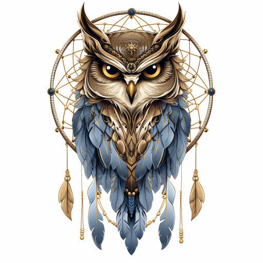 An owl in a dream catcher, free-flowing, exotic, mosaic-like, engraved ornaments, subtle, powerful, symbolic nabis