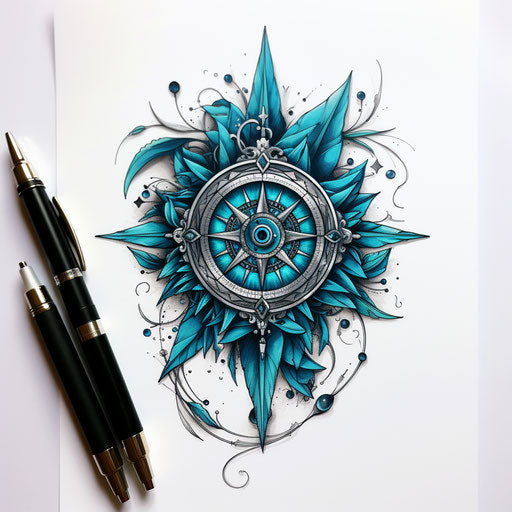 Free black and white compass tattoo design, dark cyan silver style