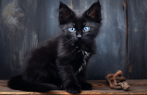 Black kitten on a wooden, dark indigo and light black style