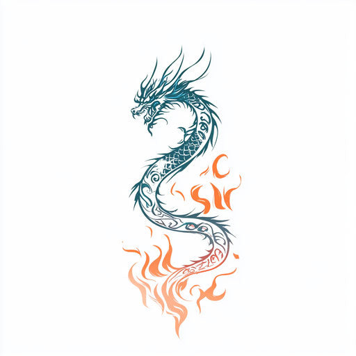Tribal dragon sketch with tail spiraling into tribal flames