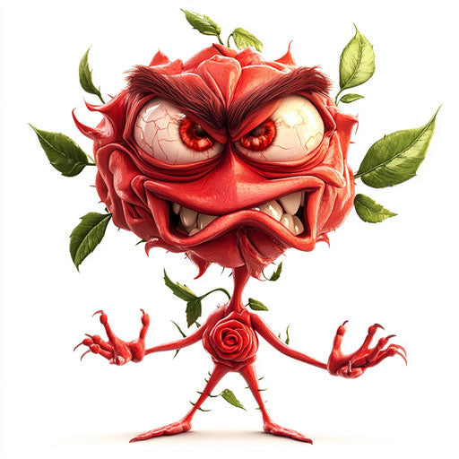 Humorous caricature of a red rose with human characteristics