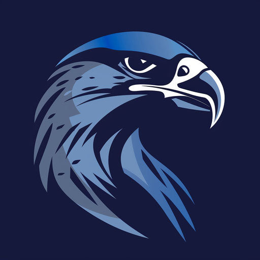 Bold falcon sports emblem in blue and silver on navy blue background