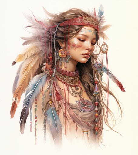 Feather tattoo designs, colorful moebius style, beads yarn