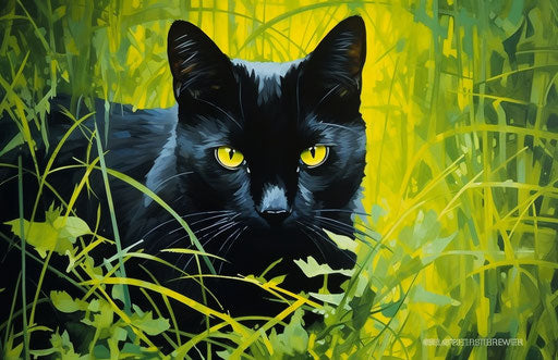 A black cat on green grass, explosive pigmentation style
