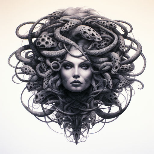 Medusa's mother woman drawing cobra monochrome style