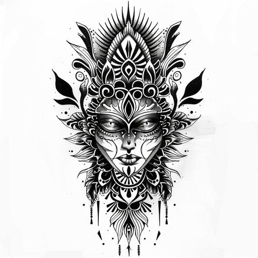 Exotic flat tattoo sketch of a soul enhanced with traditional tribal patterns