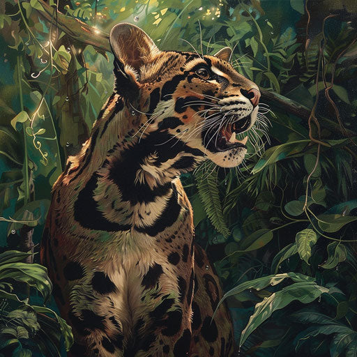 Bornean clouded leopard vocalizing in lush natural backdrop