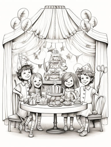 Coloring pages of a birthday party, engraving style, 85mm f/1.4