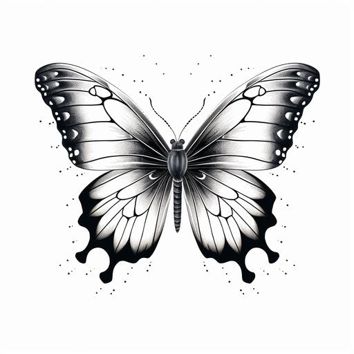Black and white butterfly on white background, minimalist black and white drawing style, classic tattoo motifs