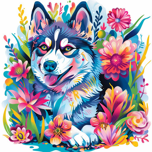 Vibrant flat tattoo sketch of playful husky in floral setting