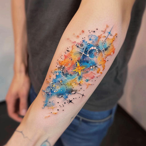Watercolor tattoo of a galaxy and stars