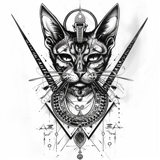 Vintage flat sketch of Bastet with ancient Egyptian motifs