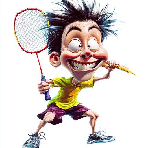 Humorous caricature of a badminton caricature clipart with human characteristics, exaggerated dimpled chin, long arms, playing with a toy, vibrant colors, cartoon style, winking, high-resolution, no background, isolated