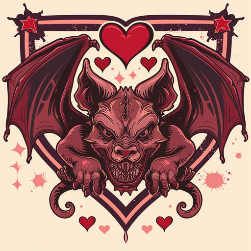 Gargoyle tattoo with heart motifs and rich red colors