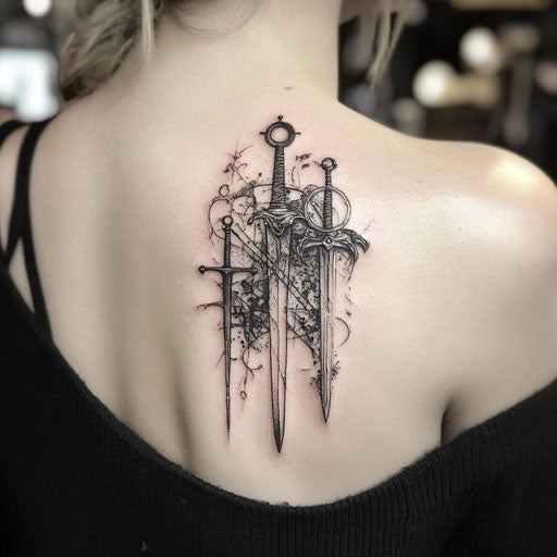 Shoulder tattoos for females with medieval weaponry, in the style of Adrian Smith