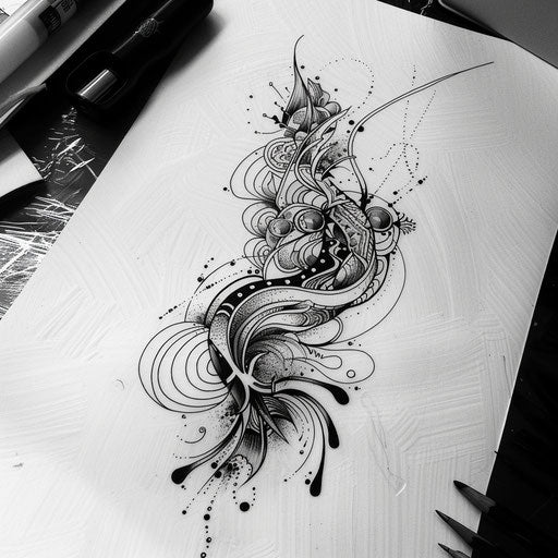 Elegant black and white flat tattoo sketch depicting chaotic abstract patterns