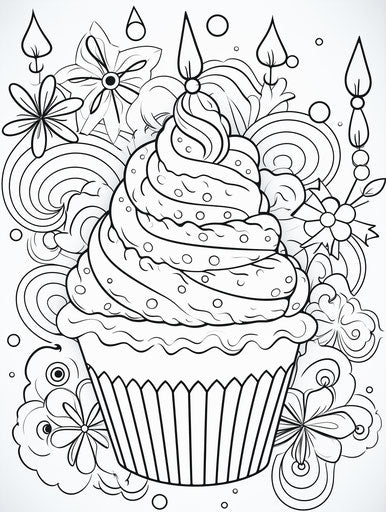 Happy birthday cupcake coloring page, subtle style