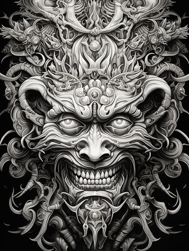 Samurai face in black and white, Chris Dyer style, traditional Balinese motifs, Indonesian art, mechanical designs, contemporary grotesque