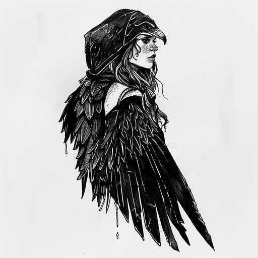 Minimalist black and white tattoo sketch of Freya with falcon feather cloak