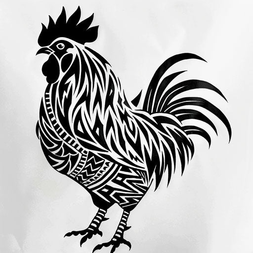 Tribal style rooster tattoo with bold black lines and patterns on white