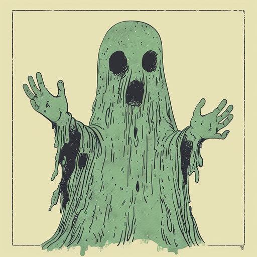 A green ghost with hands up on an offwhite background