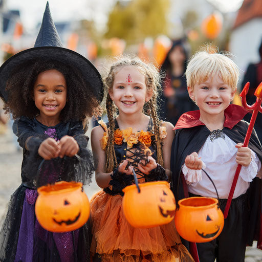 Children in Halloween Costumes with Pumpkin Buckets