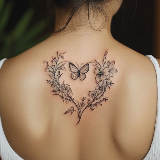 Mom heart tattoo with floral accents and butterfly