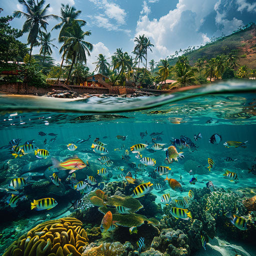 Underwater scene at Palolem Beach, India with vibrant marine life