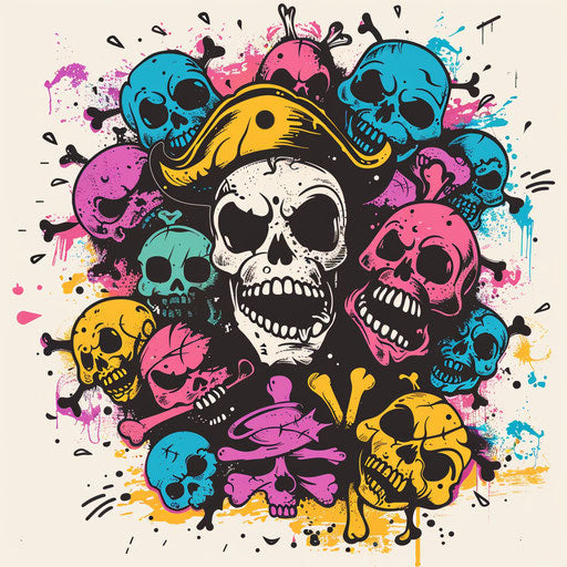 The merry Jolly Roger surrounded by laughing skulls and crossbones
