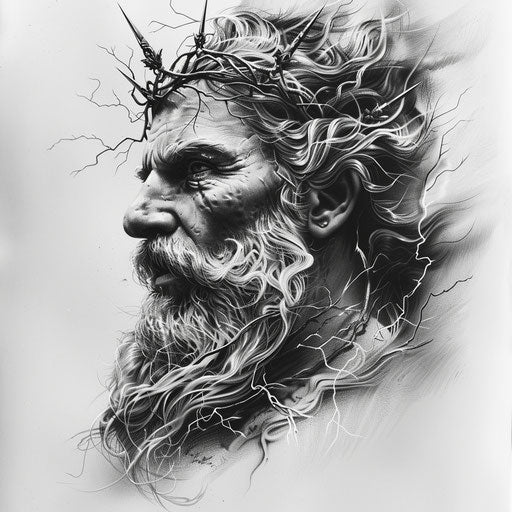 Portrait of Zeus in black and grey style with lightning crown