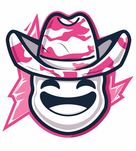 Pink and white cowboy emoji logo with lightning bolt hat