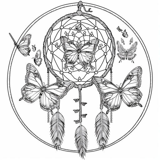 Dream catcher adorned with butterflies and lace designs. Coloring book page