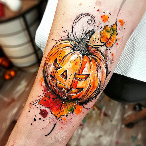 Artistic sketch of a pumpkin with watercolor splashes in a flat style