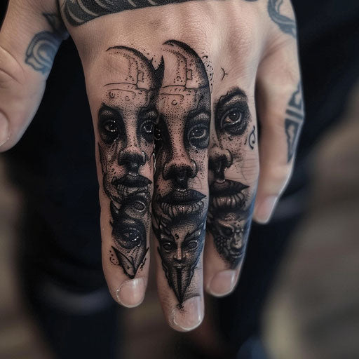 Finger tattoo with eerie demonic faces