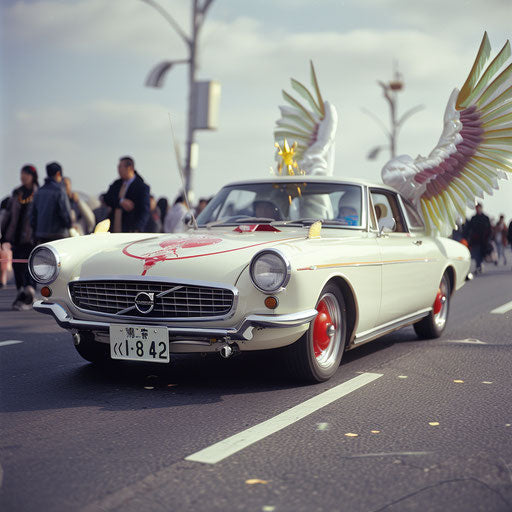 1966 Volvo P1800 with angel wings for a whimsical parade