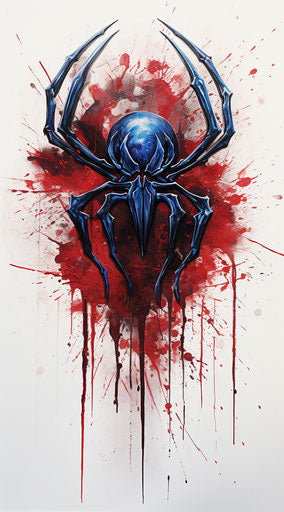 Black spider symbol on white background, colorful ink wash style