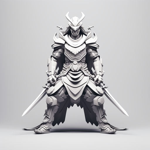 Samurai with two swords on grey background