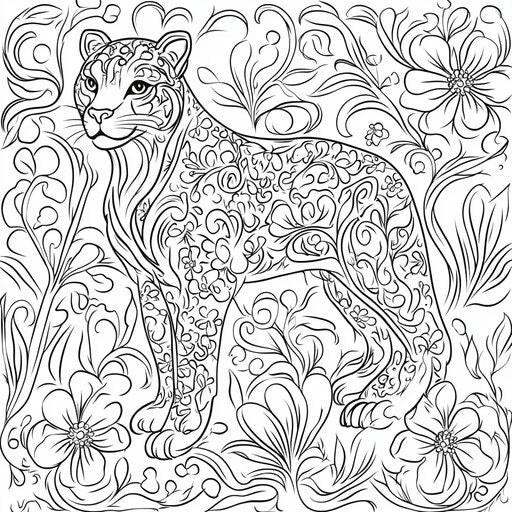Elegant panther with floral patterns in the style of Teagan White, coloring book