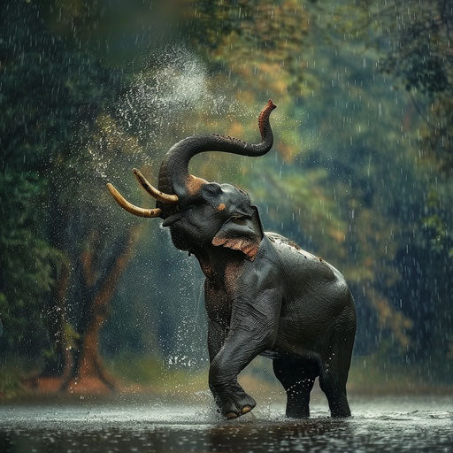 An elephant's graceful dance in the rain