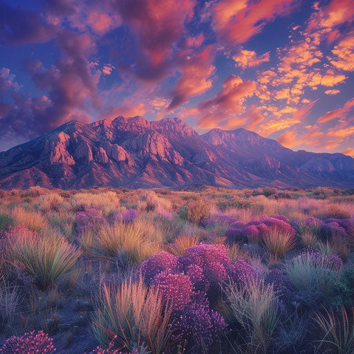 Sandia Mountains at dusk with vibrant colors