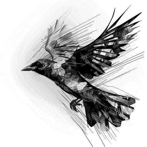 Dynamic tattoo sketch of a soaring blackbird, clipart style with sharp, angular lines in a monochrome palette