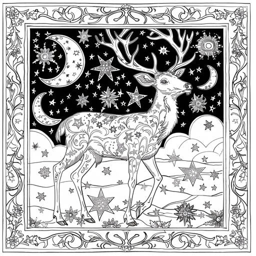 Intricate design of a deer surrounded by stars and moon motifs