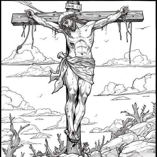 The Crucifixion with epic and dramatic elements in the style of Mark Schultz, Coloring book page