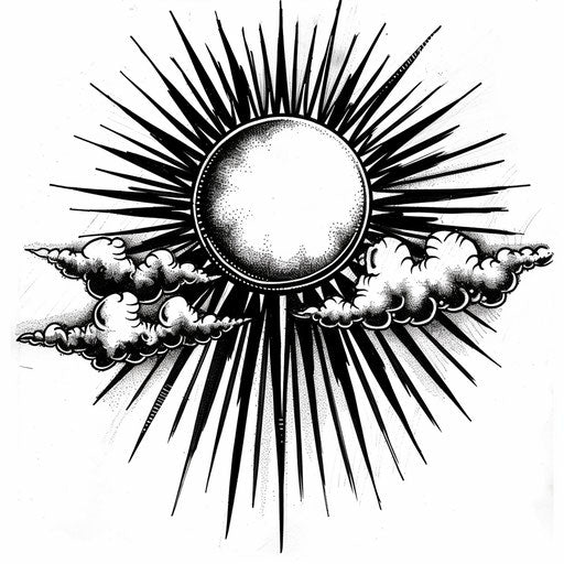 Bold clipart style tattoo sketch of a rising sun with stark contrast black and white stripes